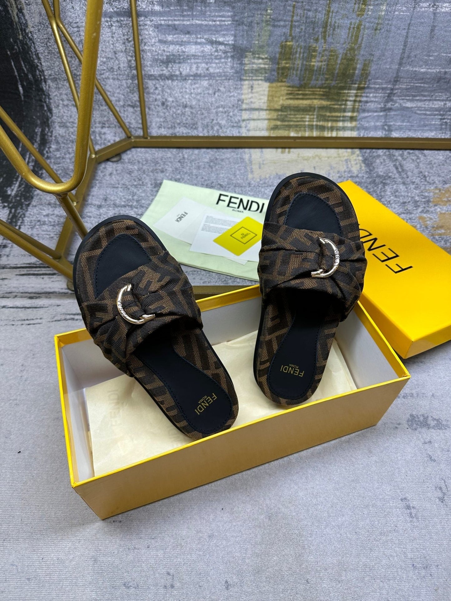 Luxury FendiFF Feel 10 Brown Black FF jacquard Slide