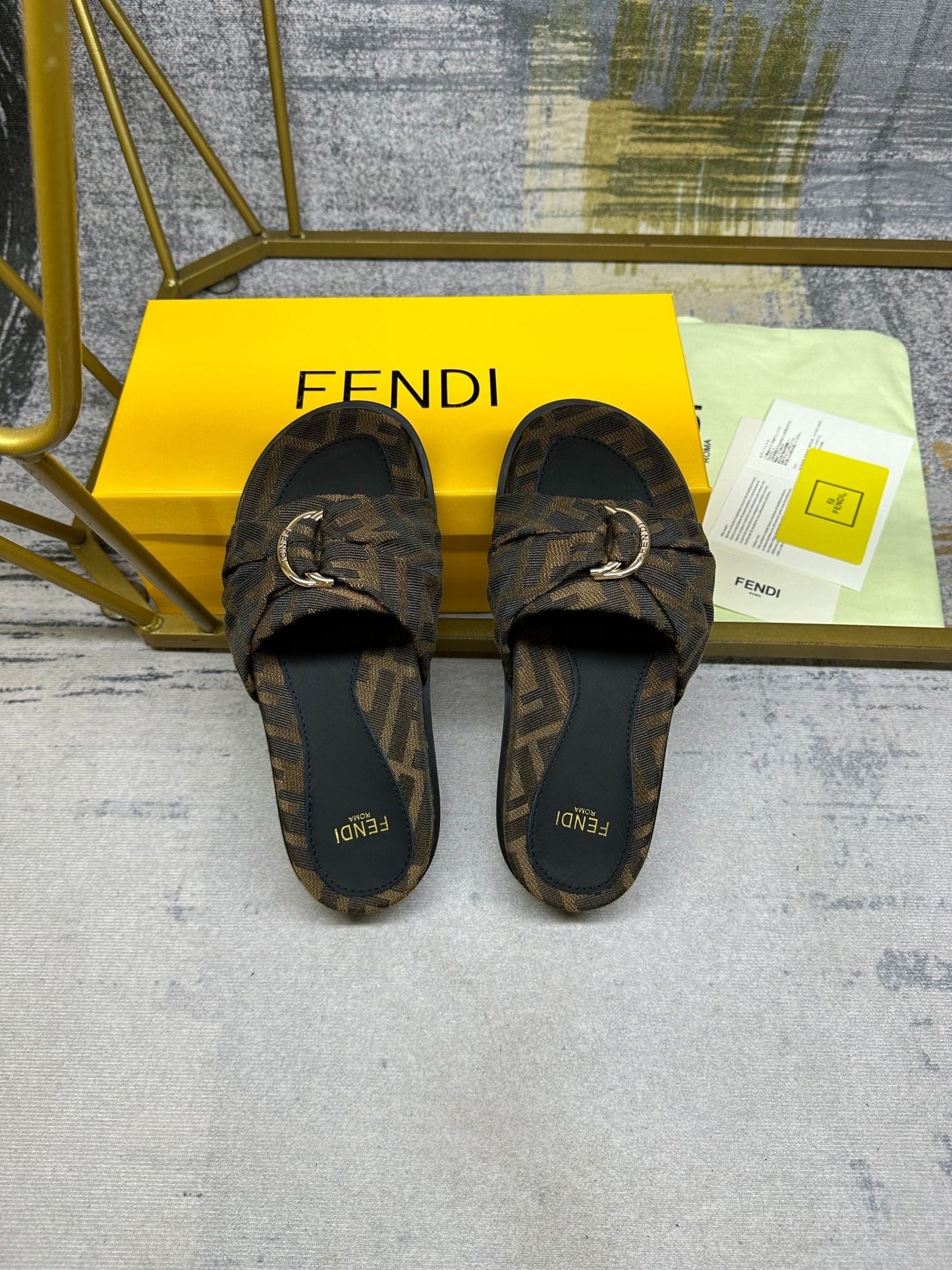 Luxury FendiFF Feel 10 Brown Black FF jacquard Slide