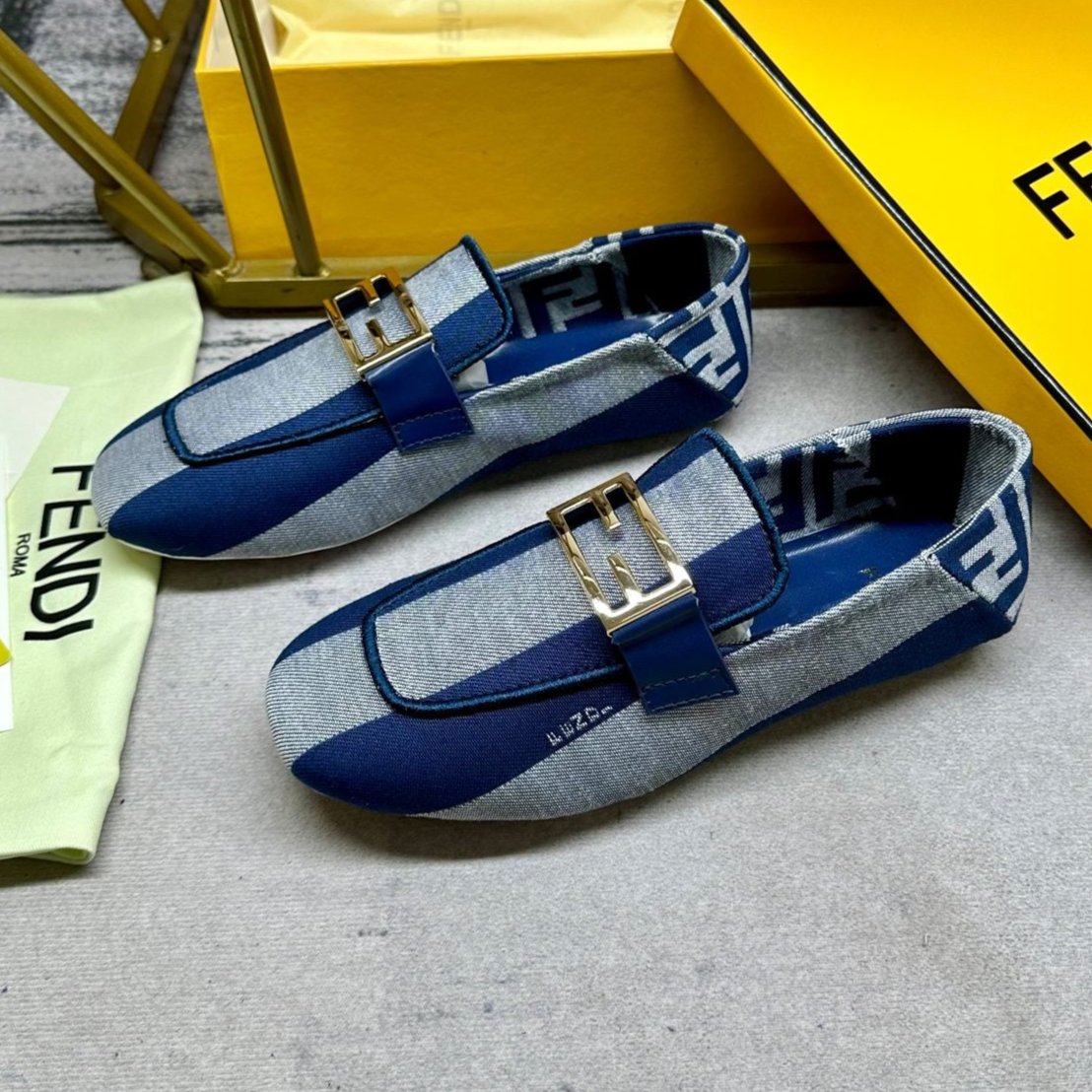 Luxury FendiLuxury FendiBAGUETTE LOAFERS IN AZURE BLUE CANVAS GOLD HARDWARE