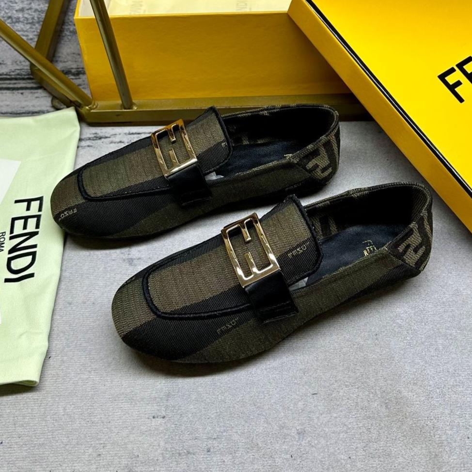 Luxury FendiLuxury FendiBAGUETTE LOAFERS IN OLIVE GREEN MIX BLACK CANVAS GOLD HARDWARE
