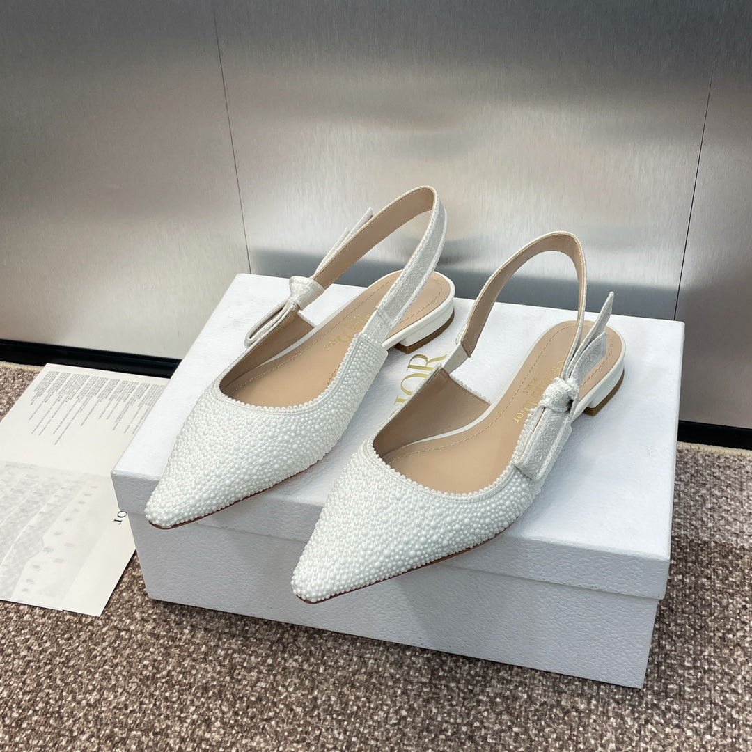Luxury Diorslingback flat embroidered cotton white calfskin resin pearl