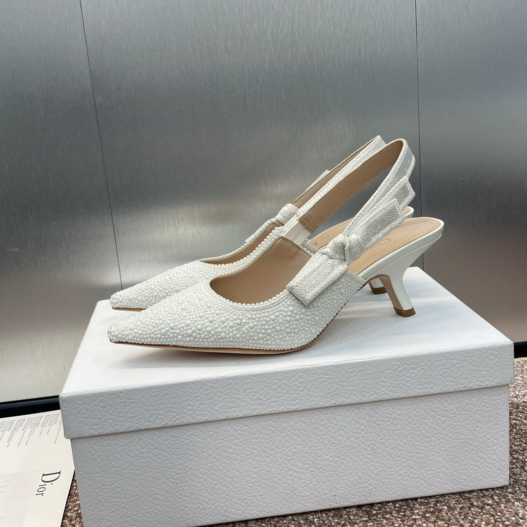 Luxury Diorslingback pump 65 embroidered cotton white calfskin resin pearl