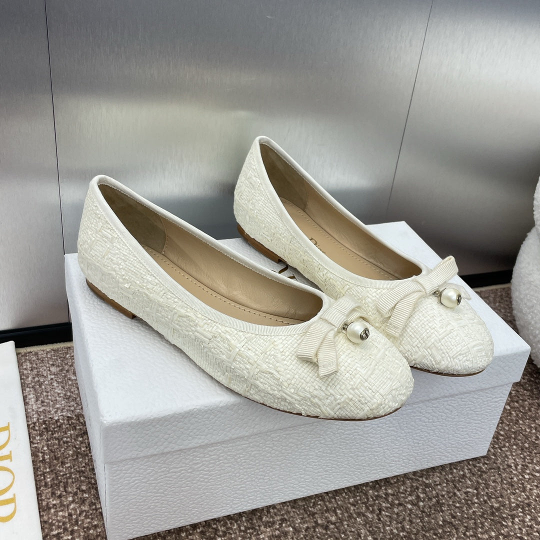 Luxury DiorBallet Flat White Woven Sedge And Lambskin