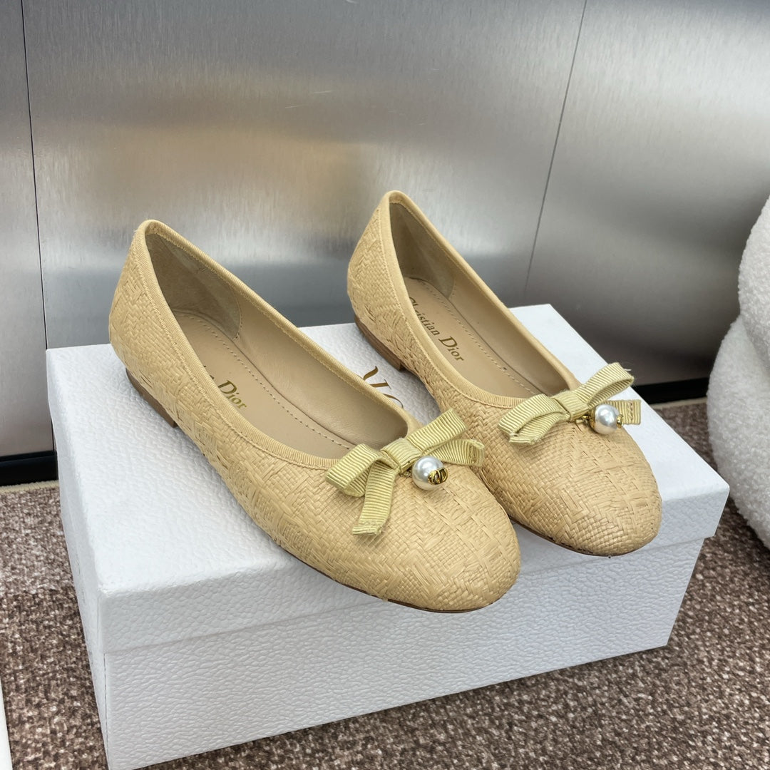Luxury DiorBallet Flat Beige Woven Sedge And Lambskin
