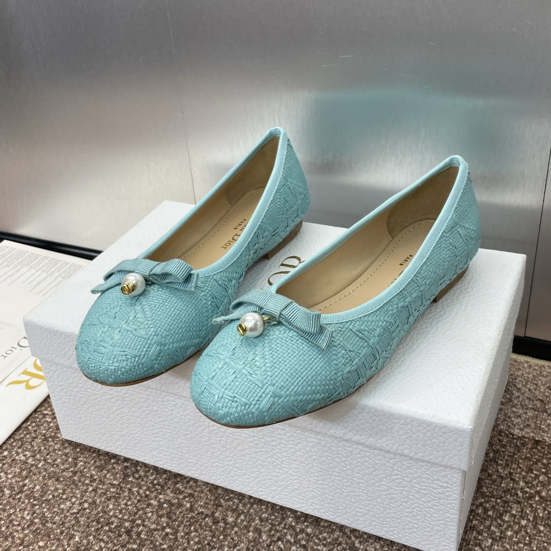 Luxury DiorBallet Flat Jade Green Woven Sedge And Lambskin