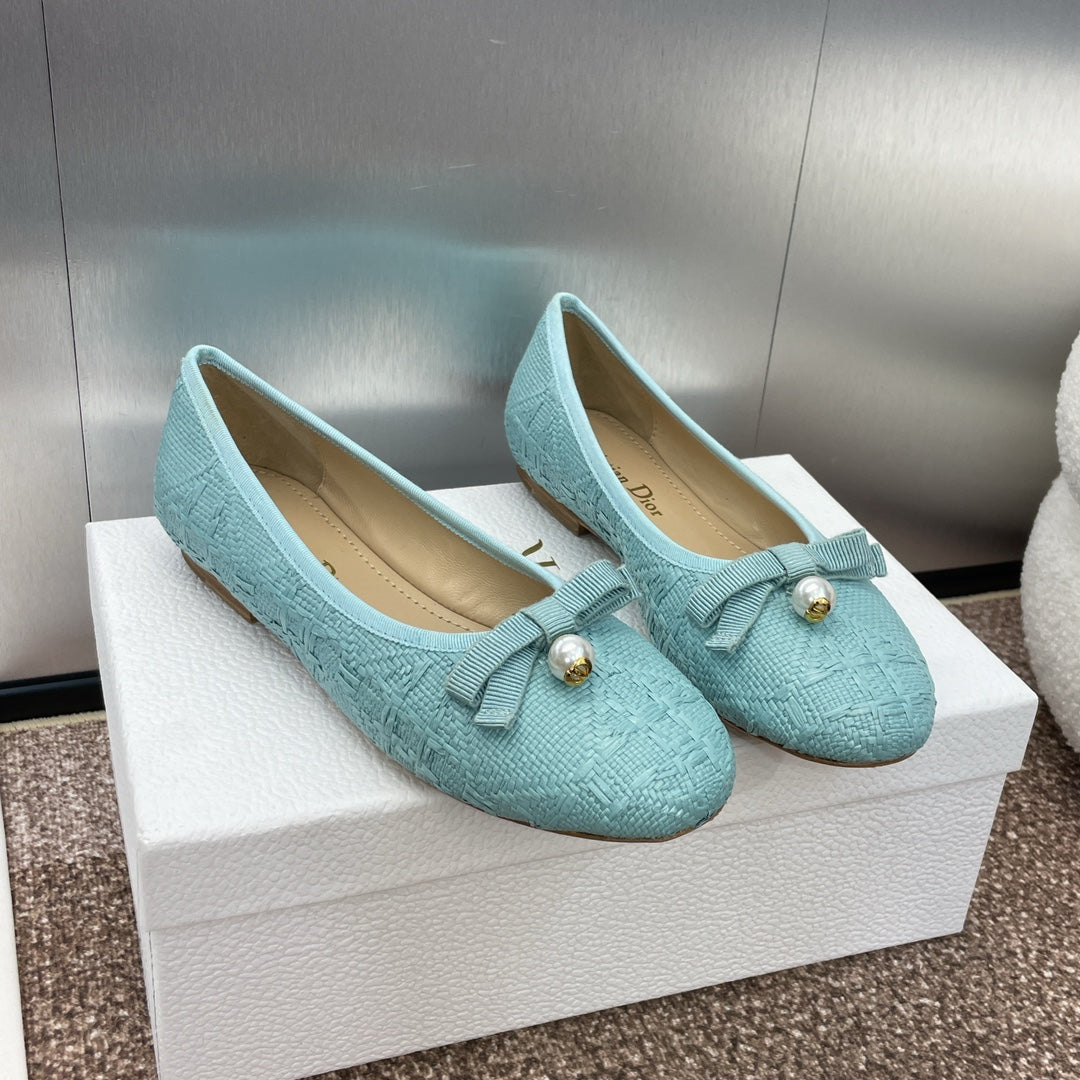 Luxury DiorBallet Flat Jade Green Woven Sedge And Lambskin