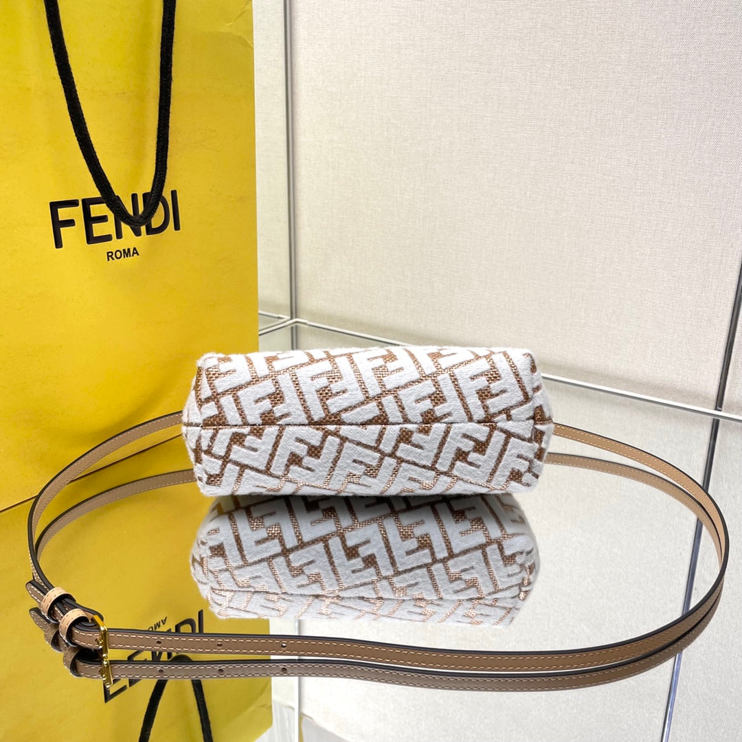 Luxury FendiFIRST SMALL 26 IN WHITE WOOL AND CAMEL BROWN RAFFIA CALFSKIN TRIM