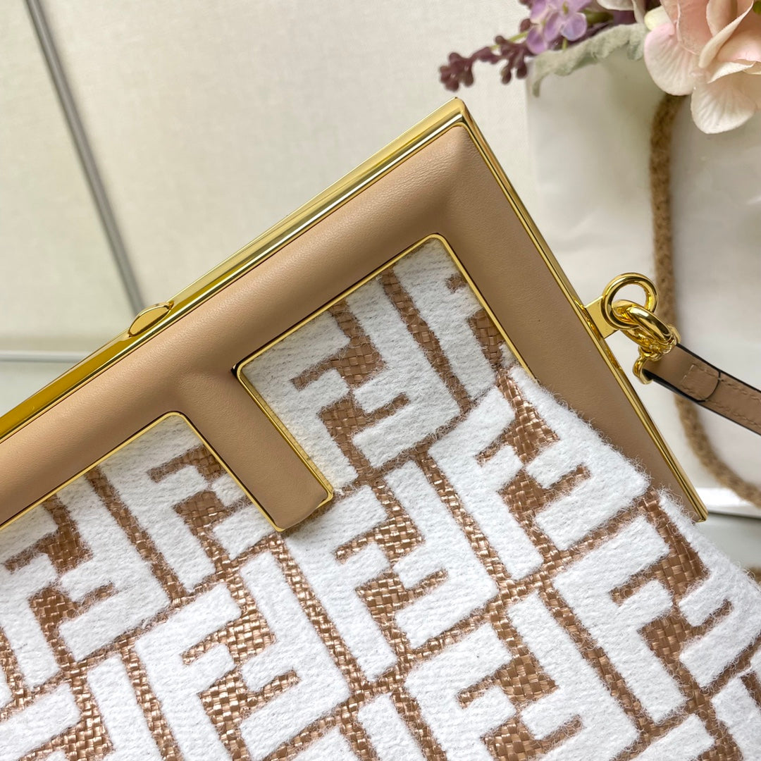 Luxury FendiFIRST SMALL 26 IN WHITE WOOL AND CAMEL BROWN RAFFIA CALFSKIN TRIM