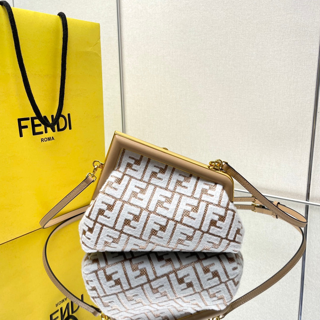 Luxury FendiFIRST SMALL 26 IN WHITE WOOL AND CAMEL BROWN RAFFIA CALFSKIN TRIM