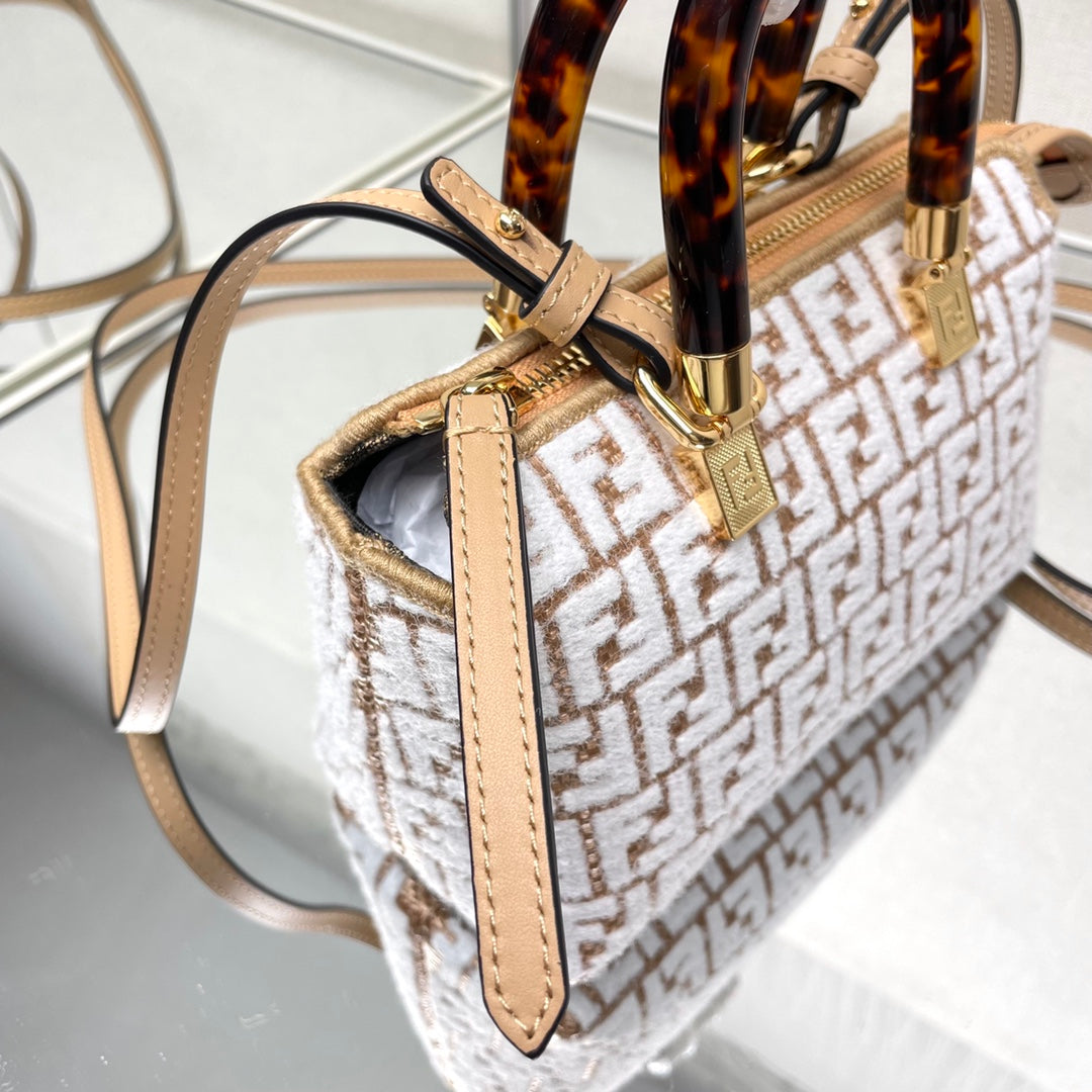 Luxury FendiBY THE WAY MINI 18 IN WHITE WOOL AND CAMEL BROWN RAFFIA CALFSKIN TRIM