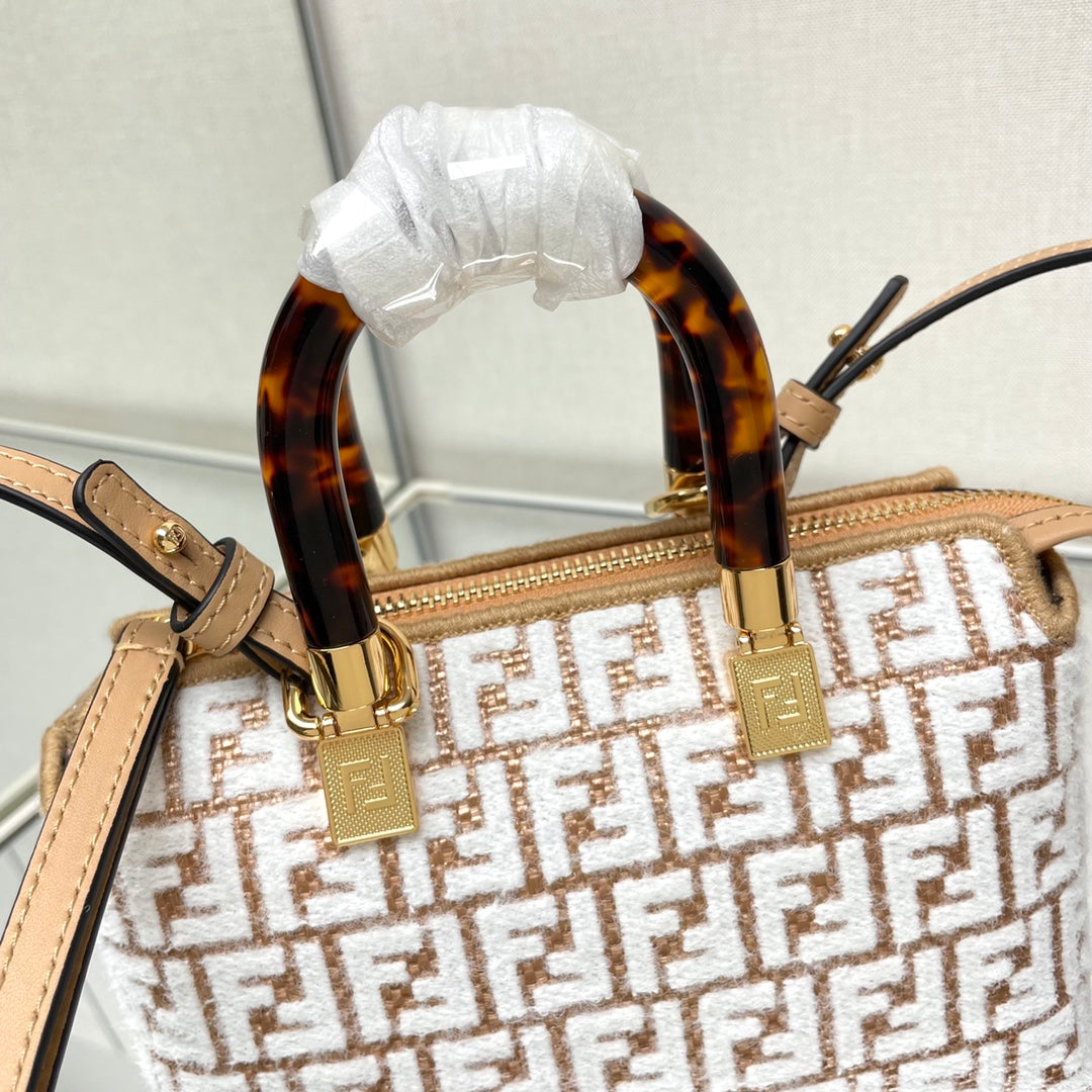 Luxury FendiBY THE WAY MINI 18 IN WHITE WOOL AND CAMEL BROWN RAFFIA CALFSKIN TRIM