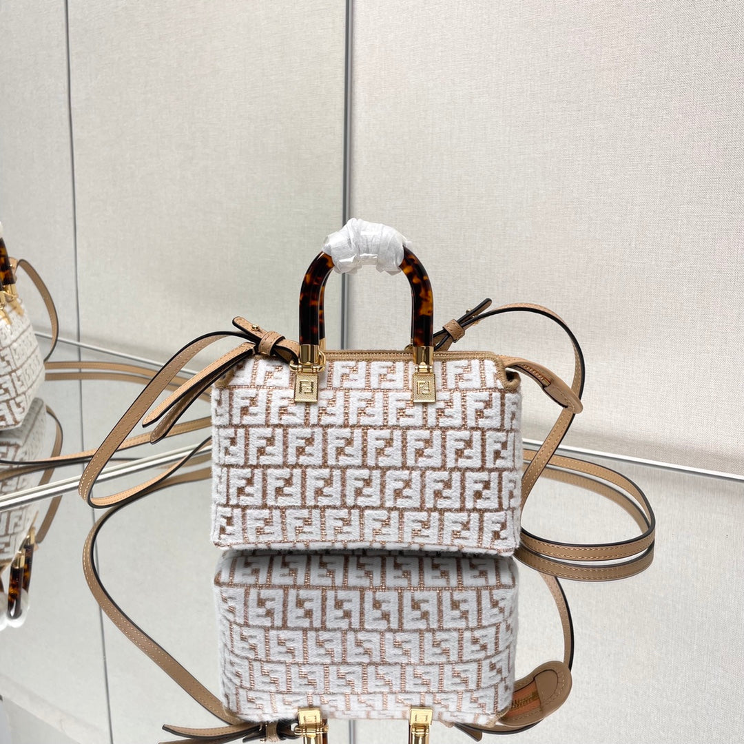 Luxury FendiBY THE WAY MINI 18 IN WHITE WOOL AND CAMEL BROWN RAFFIA CALFSKIN TRIM