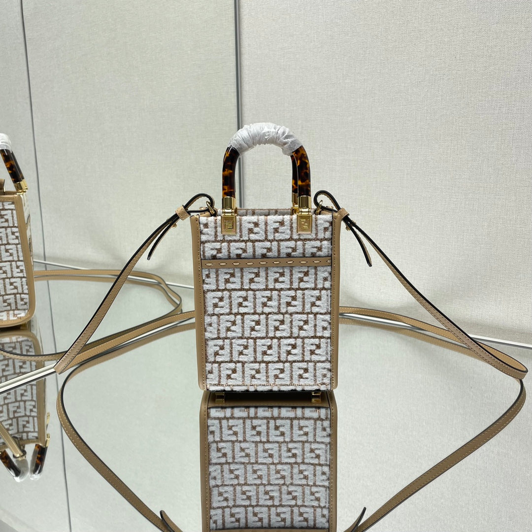 Luxury FendiMINI SUNSHINE 18 IN WHITE WOOL AND CAMEL BROWN RAFFIA CALFSKIN TRIM