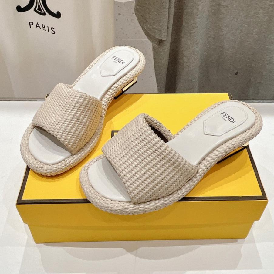 Luxury FendiLuxury FendiFFOLD MEDIUM-HEEL SANDALS 45 MM IN BEIGE COTTON FIBRE