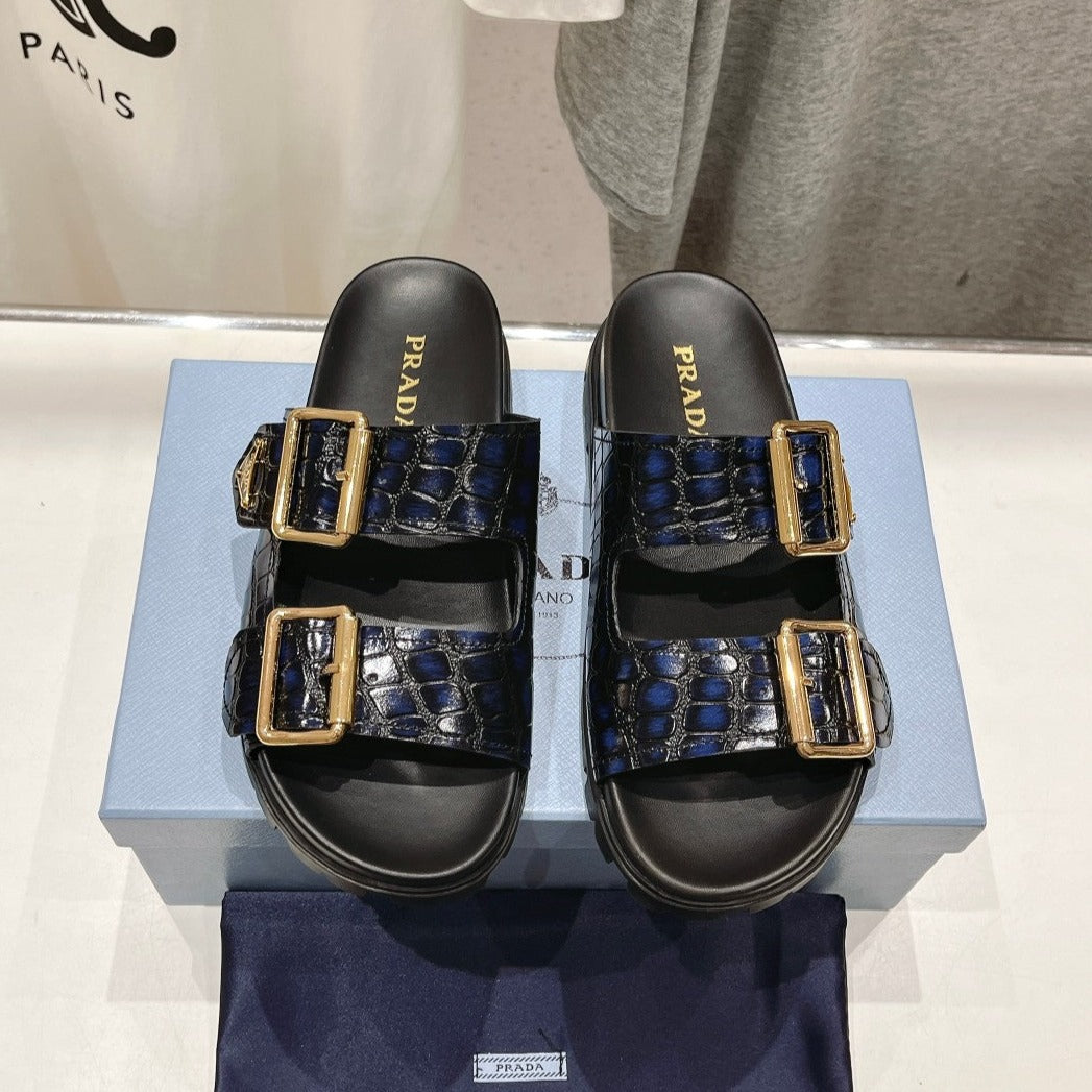 Luxury PradaCROCODILE MOTIF STRAP SLIDES SANDALS BLACK AND LAPIS CALFSKIN