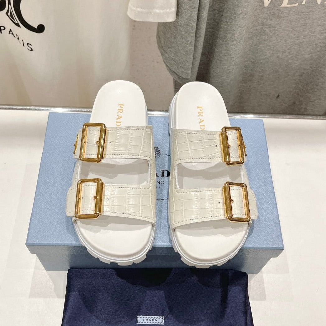Luxury PradaCROCODILE MOTIF STRAP SLIDES SANDALS WHITE CALFSKIN