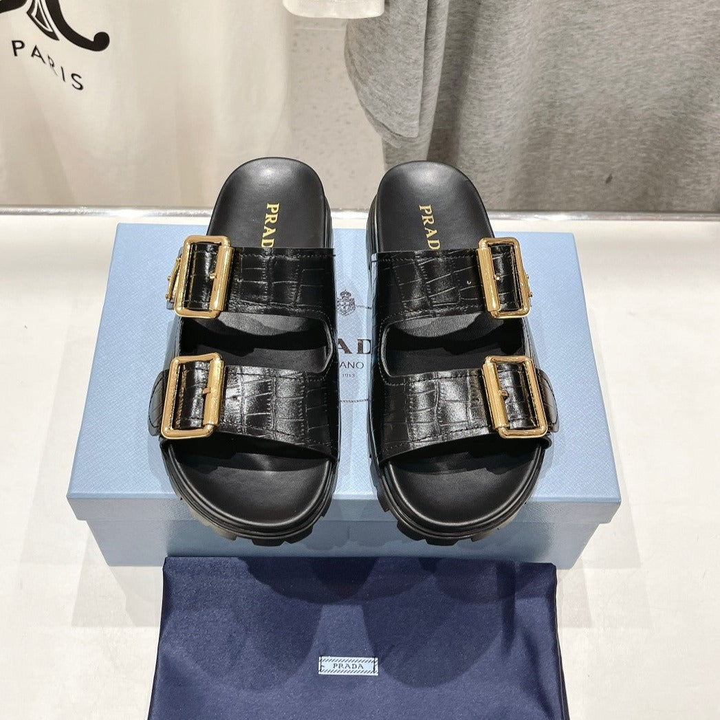 Luxury PradaCROCODILE MOTIF STRAP SLIDES SANDALS BLACK CALFSKIN