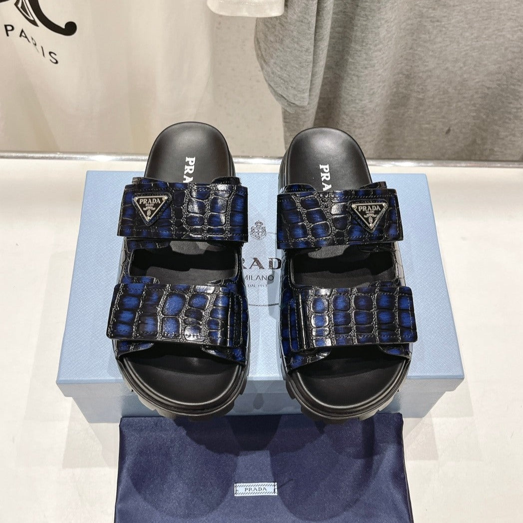 Luxury PradaCROCODILE LEATHER MOTIF SANDALS BLACK AND LAPIS CALFSKIN