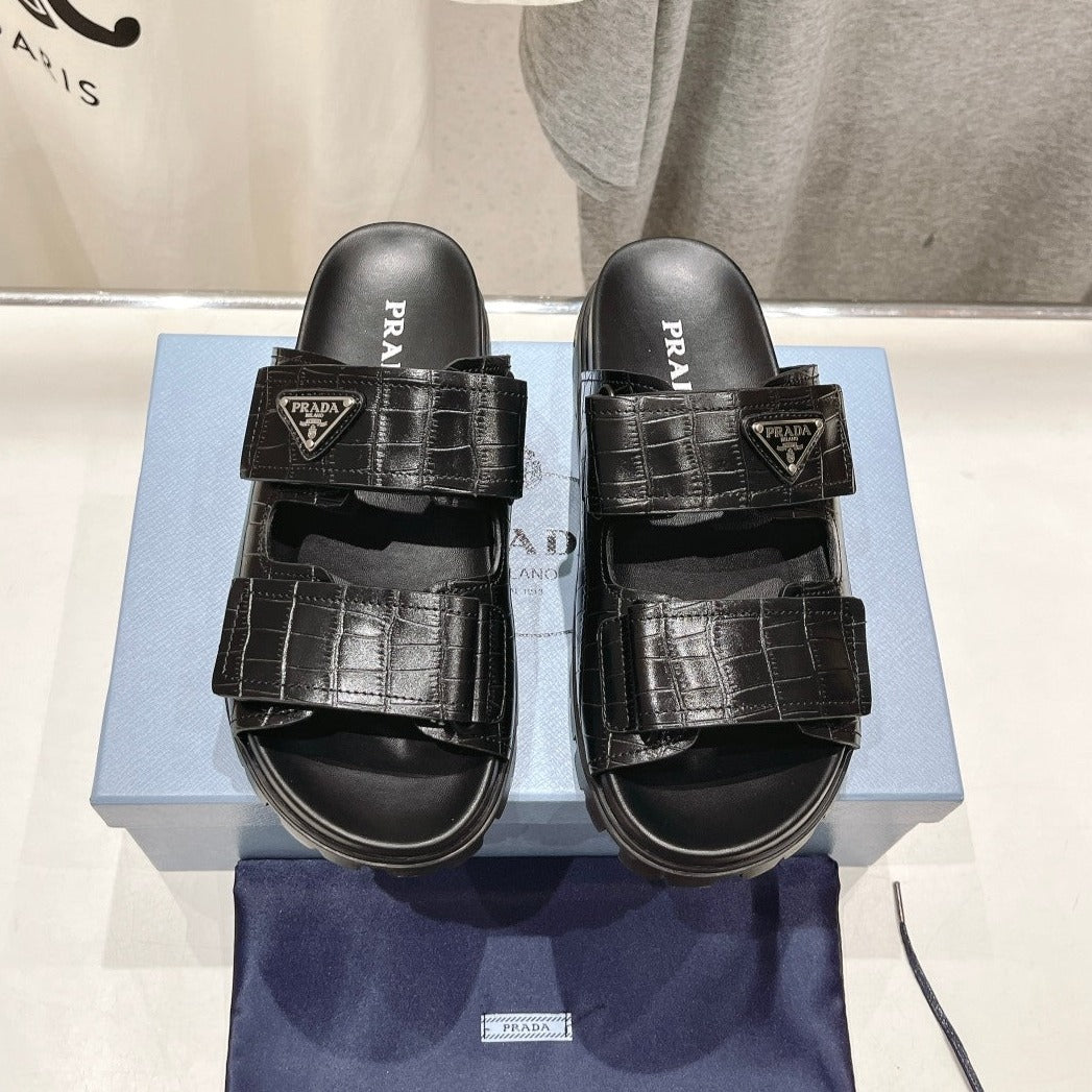 Luxury PradaCROCODILE LEATHER MOTIF SANDALS BLACK CALFSKIN