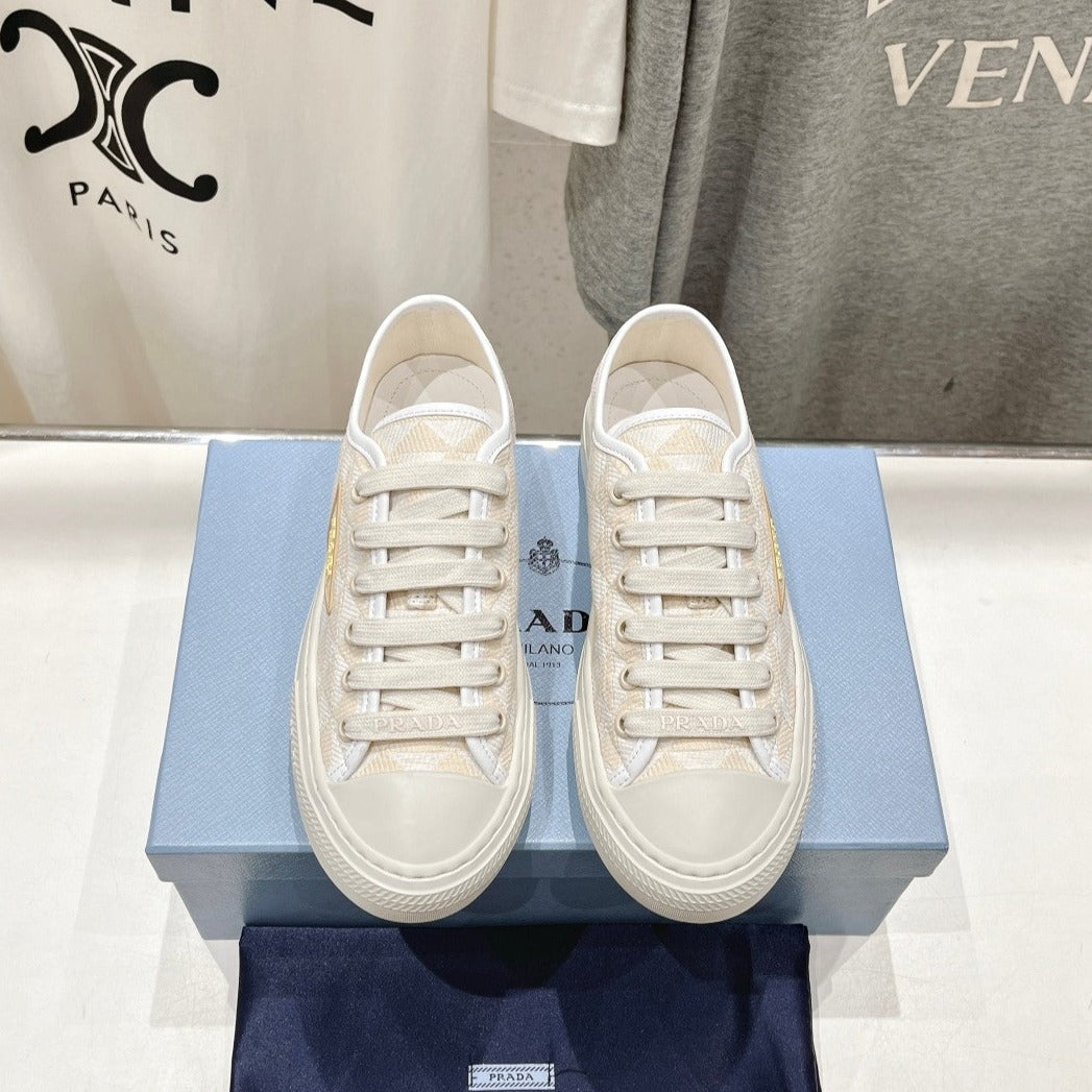 Luxury PradaPRINTED COTTON SNEAKERS WHITE AND BEIGE CANVAS