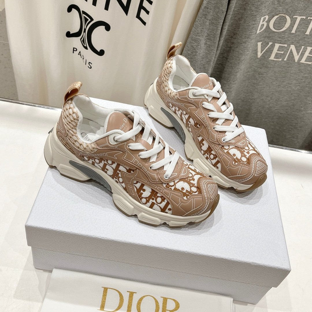 Luxury DiorVibe Sneaker Beige Brown Polyester Mesh Fabric And Cowhide