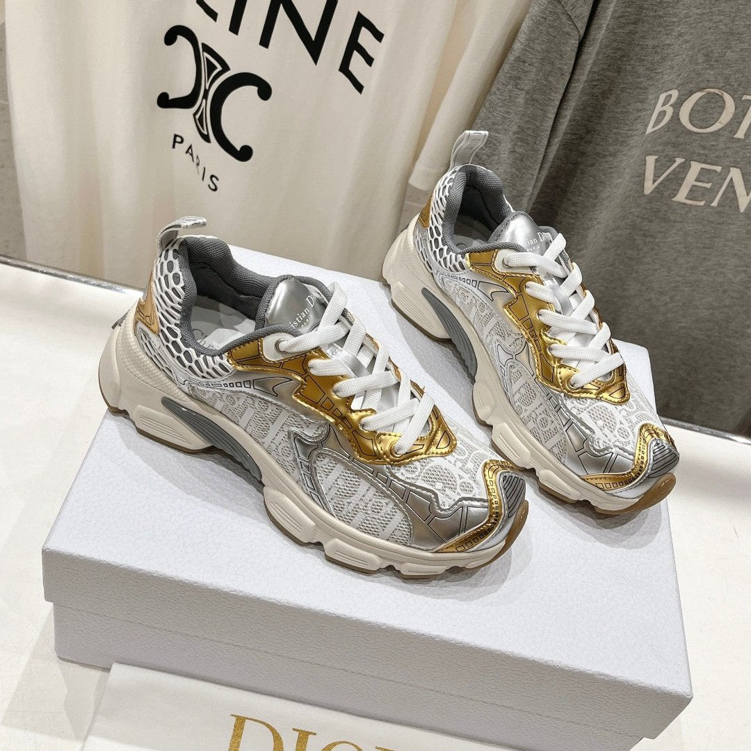 Luxury DiorVibe Sneaker White Mix Grey Gold Polyester Mesh Fabric And Cowhide