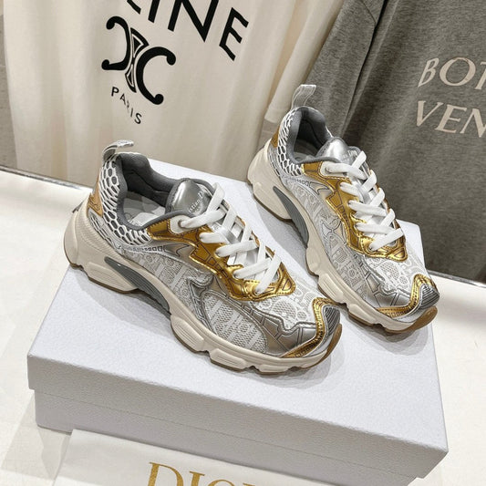 Luxury DiorVibe Sneaker White Mix Grey Gold Polyester Mesh Fabric And Cowhide