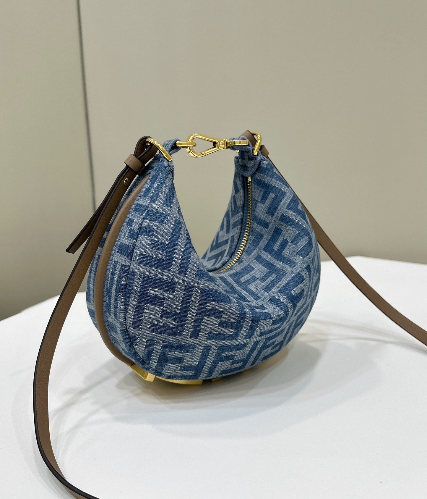 Luxury FendiFENDIGRAPHY MINI 20 BAG IN AEGEAN BLUE DENIM FABRIC WITH GOLD HARDWARE
