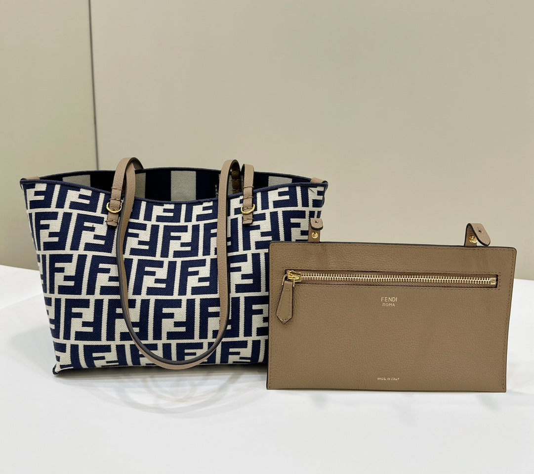 Luxury FendiLuxury FendiROLL 22 TOTE BAG IN MIDNIGHT BLUE MIX WHITE CANVAS