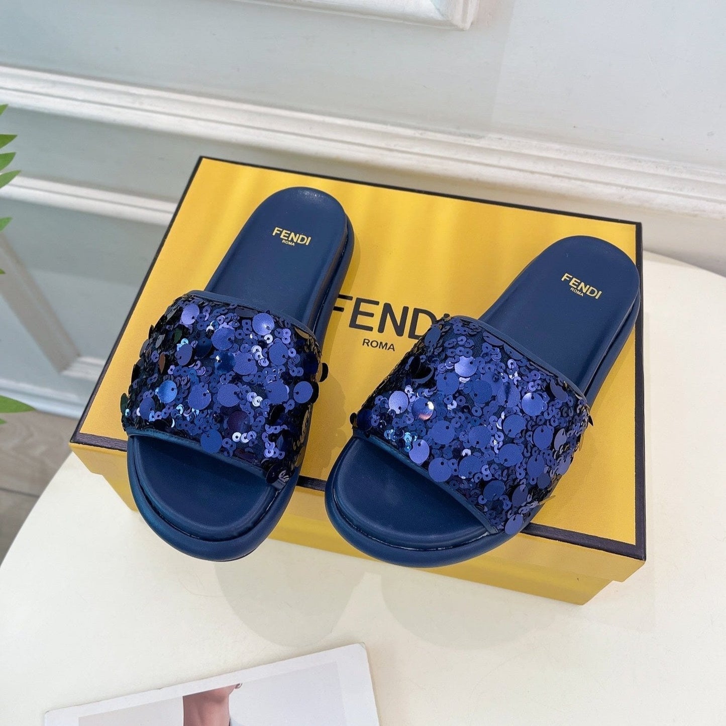 Luxury FendiLuxury FendiTHICK SOLE 3 CM SEQUIN SLIPPER NAVY BLUE