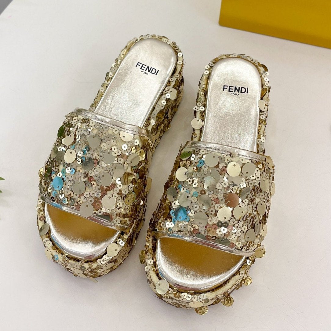 Luxury FendiLuxury FendiTHICK SOLE 6 CM SEQUIN SLIPPER GOLD