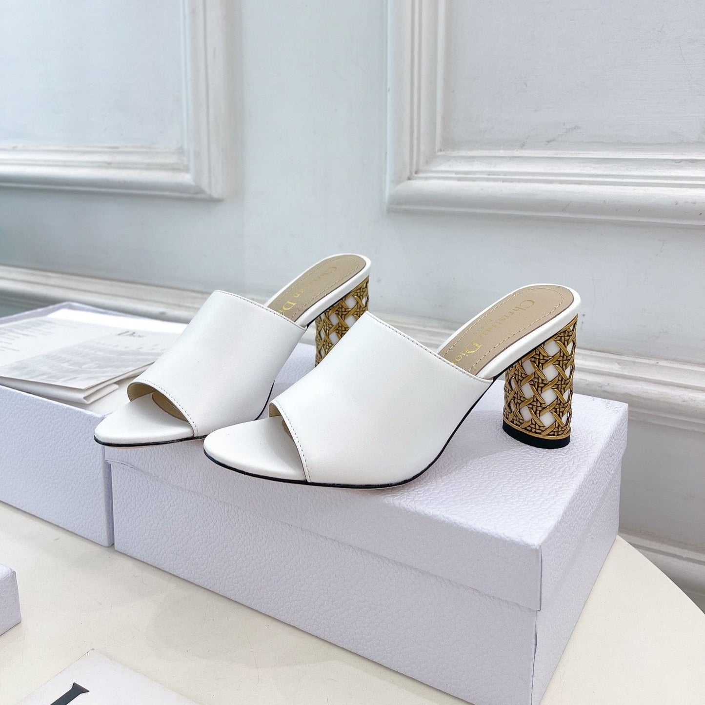 Luxury DiorIcon Heeled Slide 80mm White Calfskin