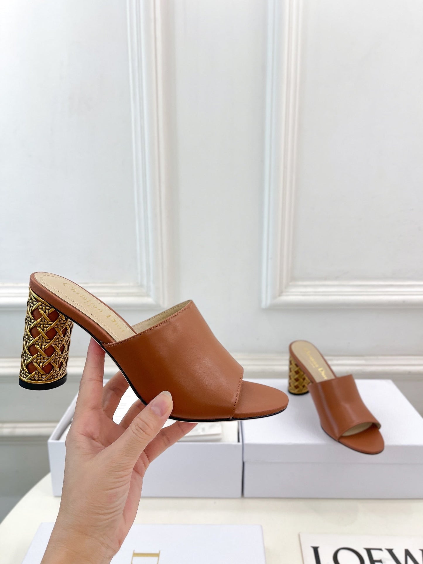 Luxury DiorIcon Heeled Slide 80mm Brown Calfskin