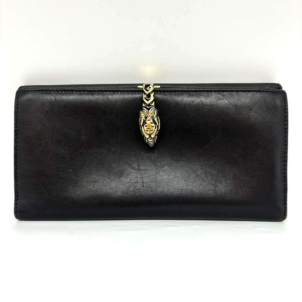 Luxury Gucci Trending 2025 Leather Tiger Head Clip Long Wallet Black Gold Hardware
