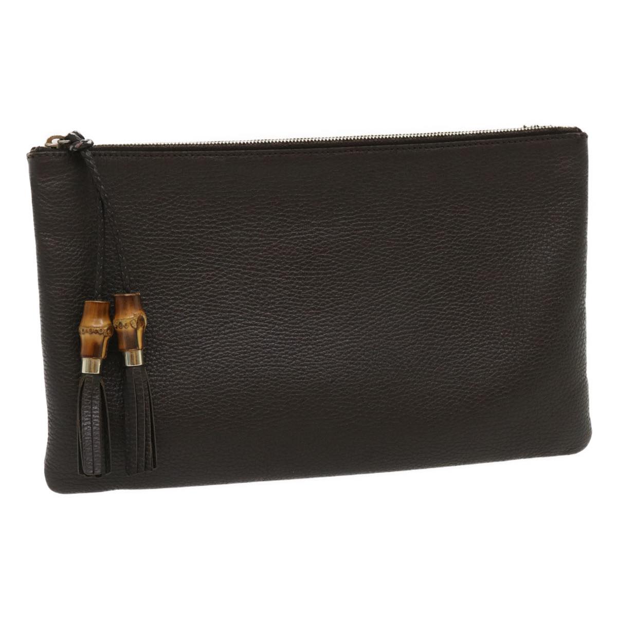 Luxury Gucci Clutch Bag Leather Bamboo Brown Auth ki1847