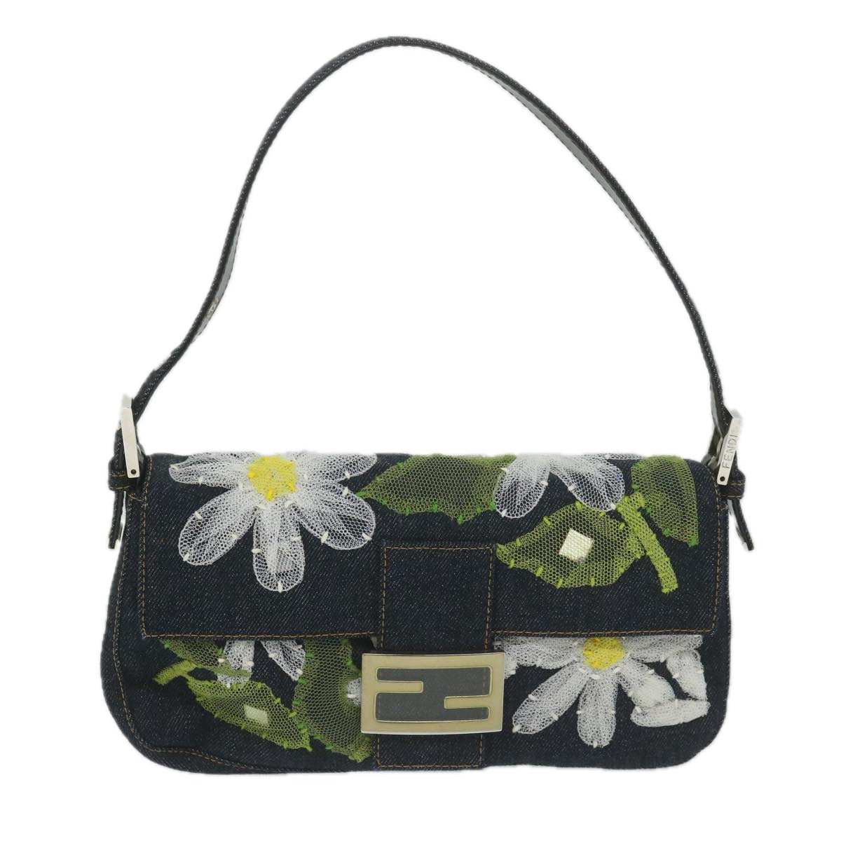 Luxury FendiFlower Lace Mamma Baguette Shoulder Bag Denim Blueki3965A