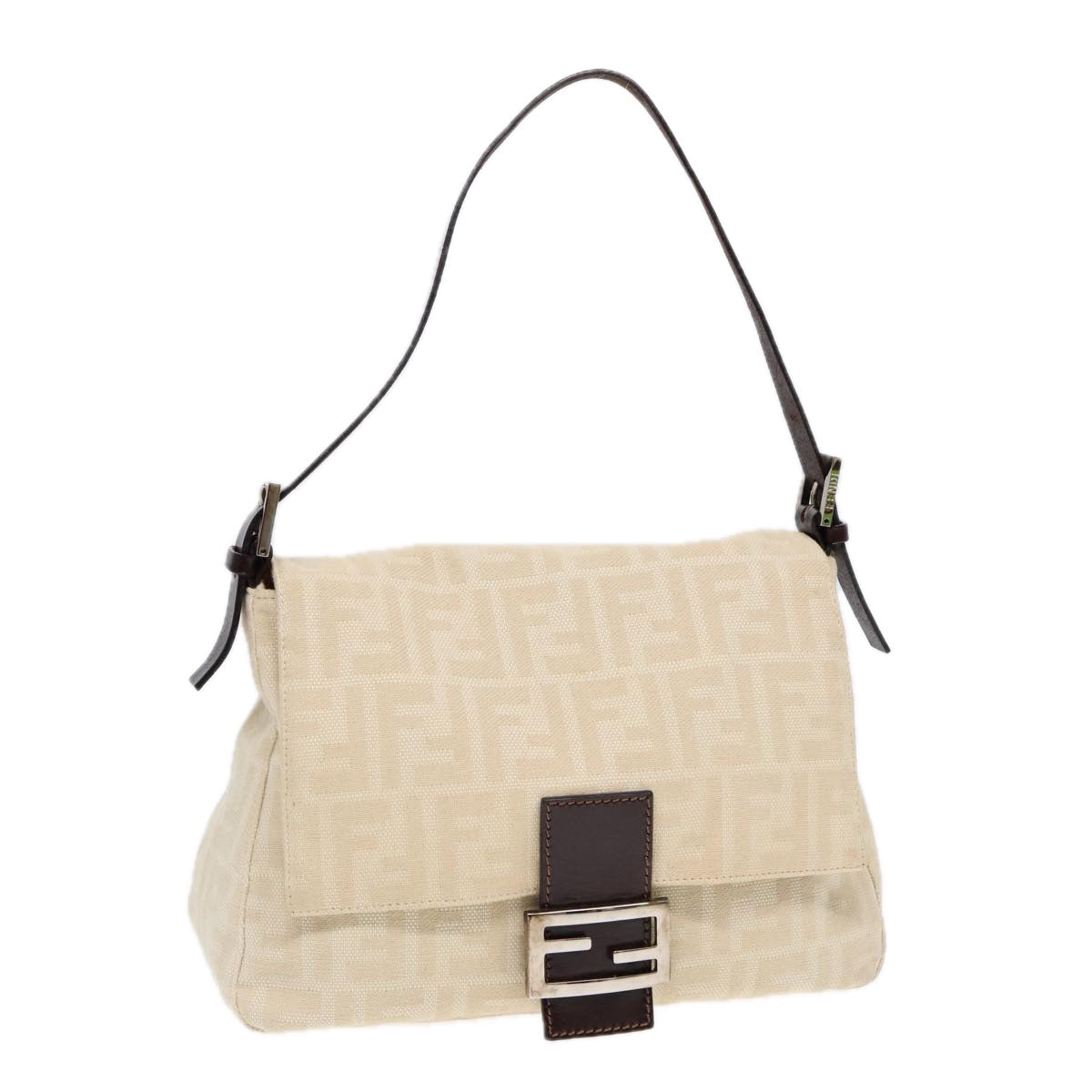 Luxury Fendi Mamma Baguette Shoulder Bag Canvas Leather White Brown Silverki4797