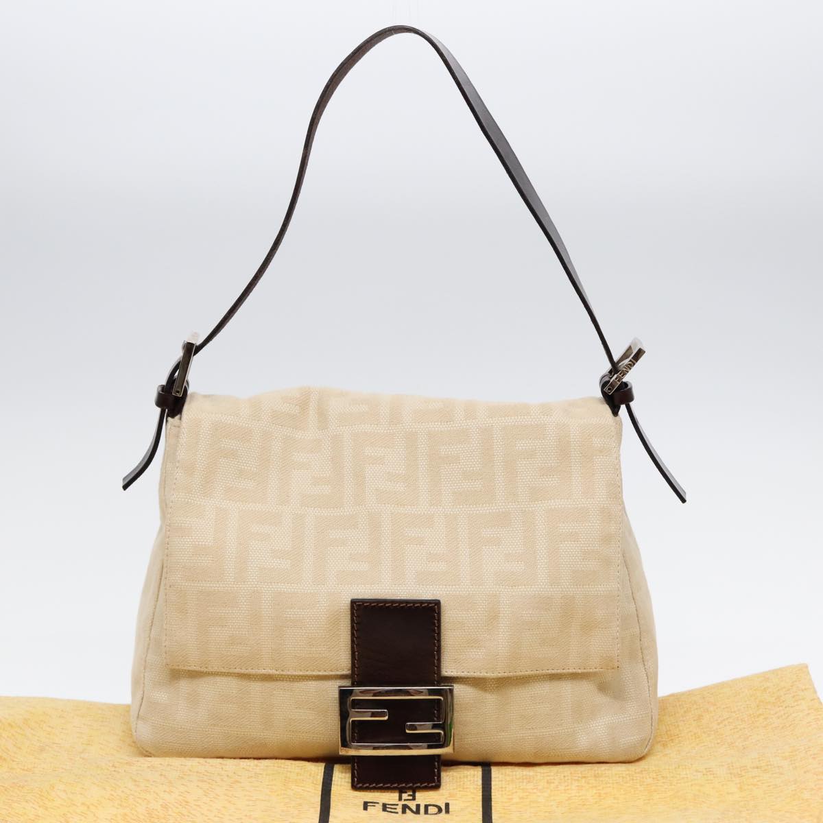 Luxury Fendi Mamma Baguette Shoulder Bag Canvas Leather White Brown Silverki4797