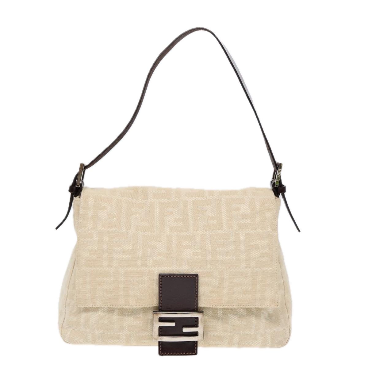 Luxury Fendi Mamma Baguette Shoulder Bag Canvas Leather White Brown Silverki4797