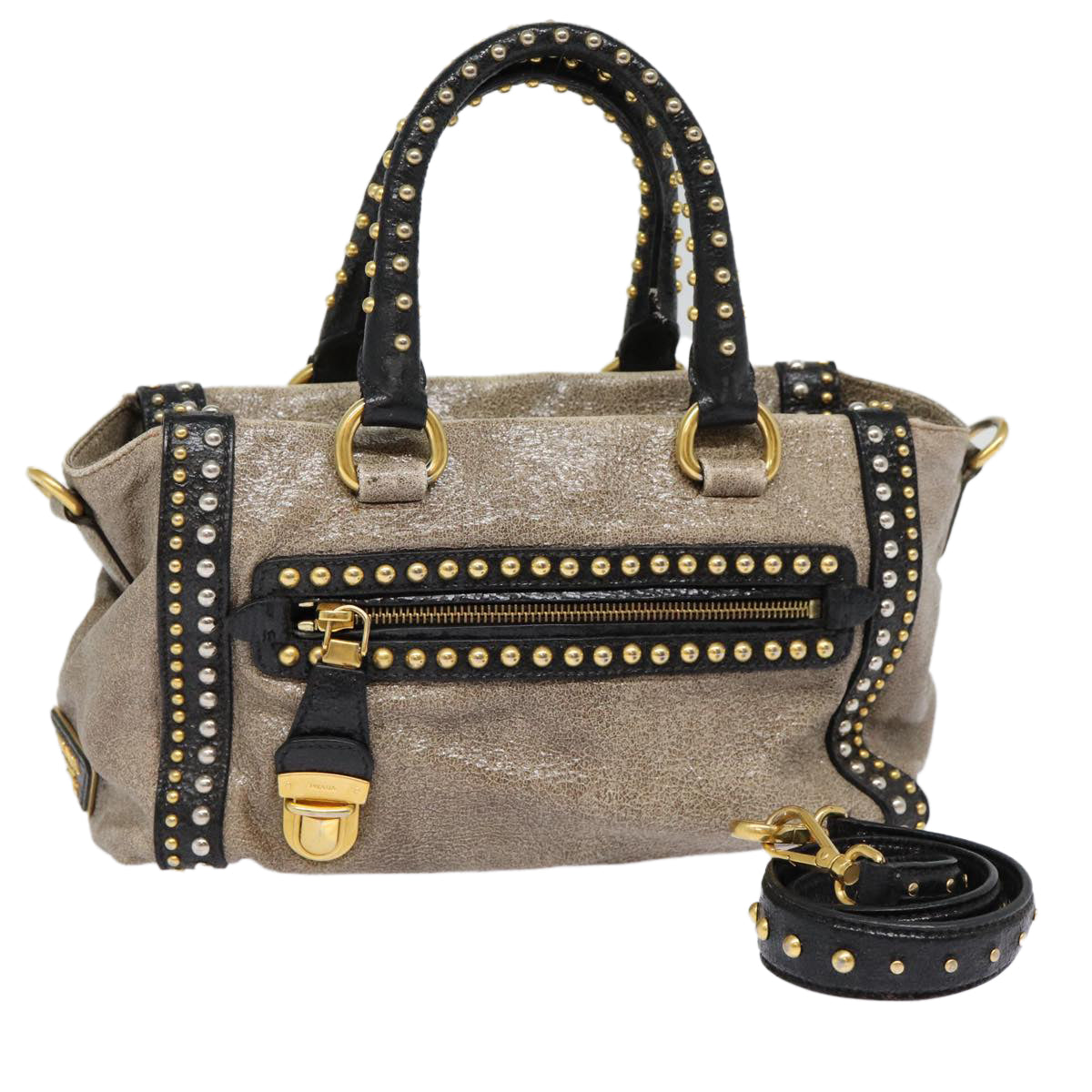 Luxury Prada Studs Hand Bag Leather 2way Gray Gold  ki4827