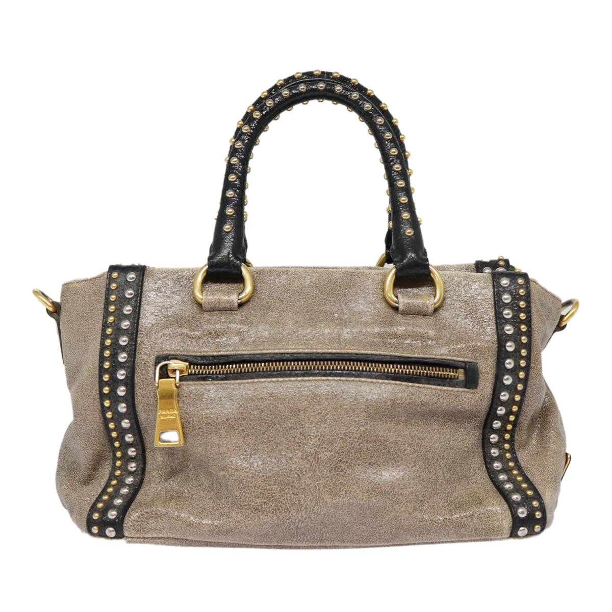 Luxury Prada Studs Hand Bag Leather 2way Gray Gold  ki4827
