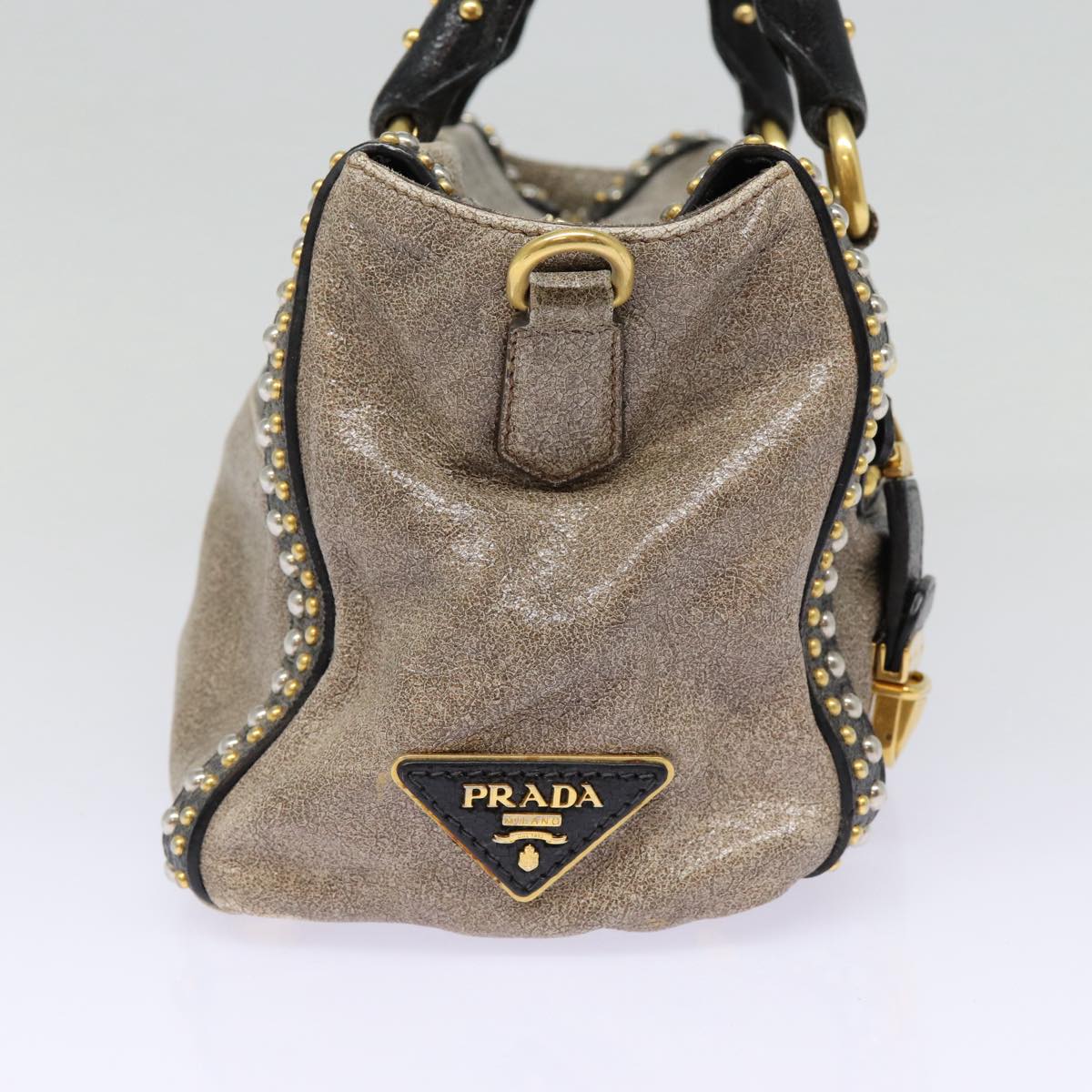 Luxury Prada Studs Hand Bag Leather 2way Gray Gold  ki4827