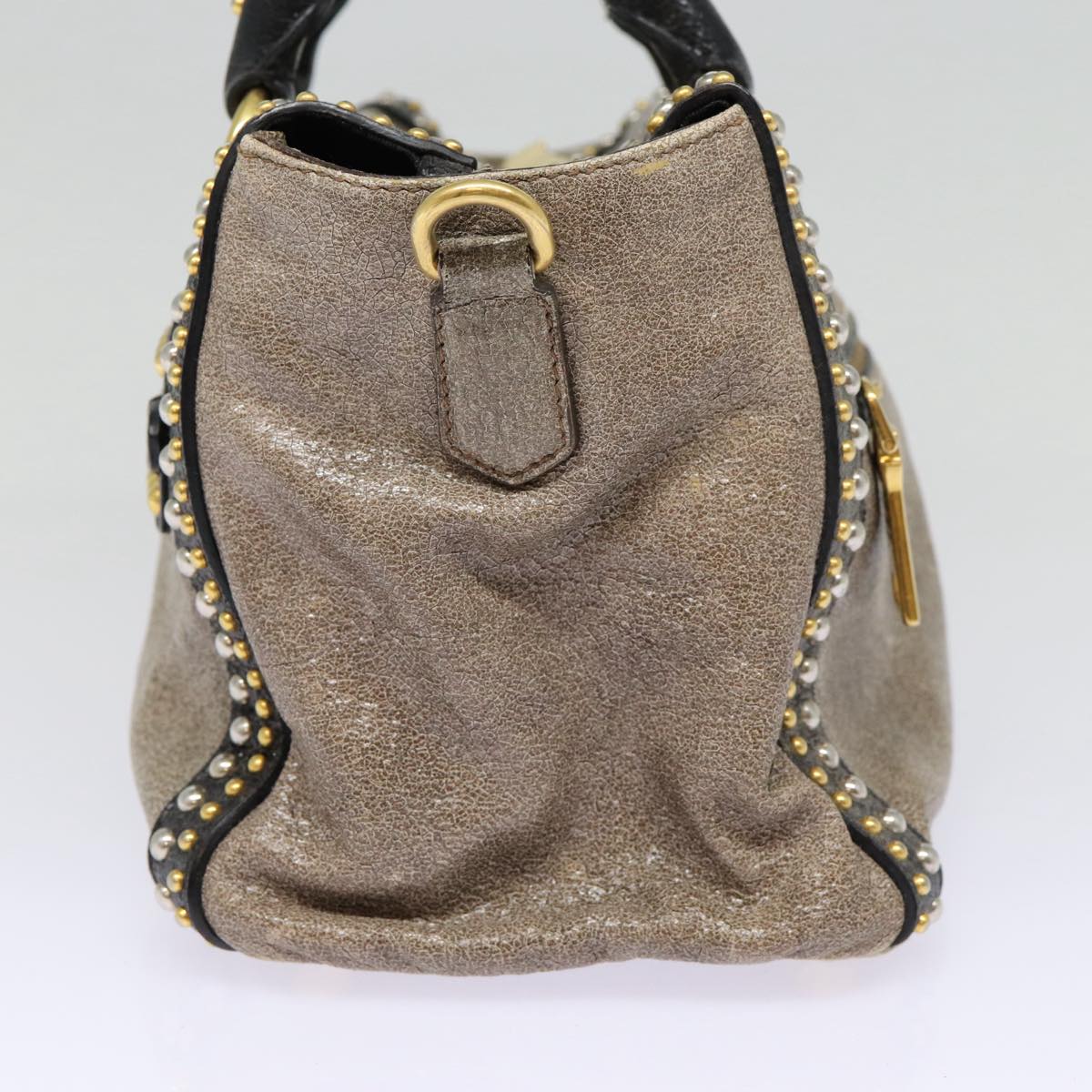 Luxury Prada Studs Hand Bag Leather 2way Gray Gold  ki4827