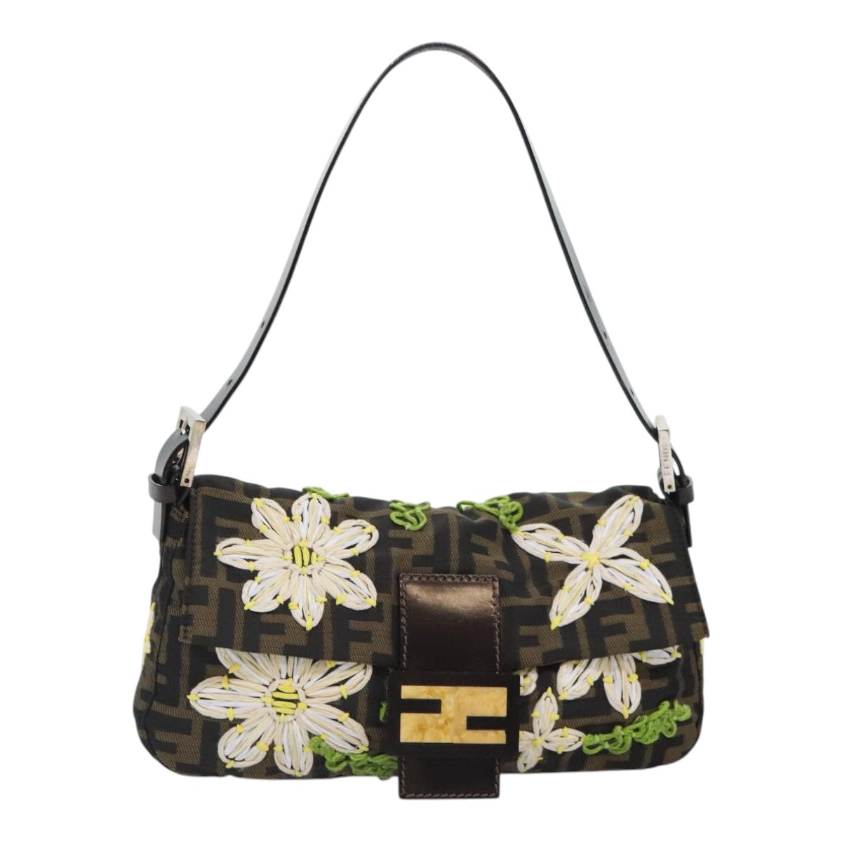 Luxury Fendi Zucca Canvas Flower Embroidery Mamma Baguette Bag Black Brownki4974