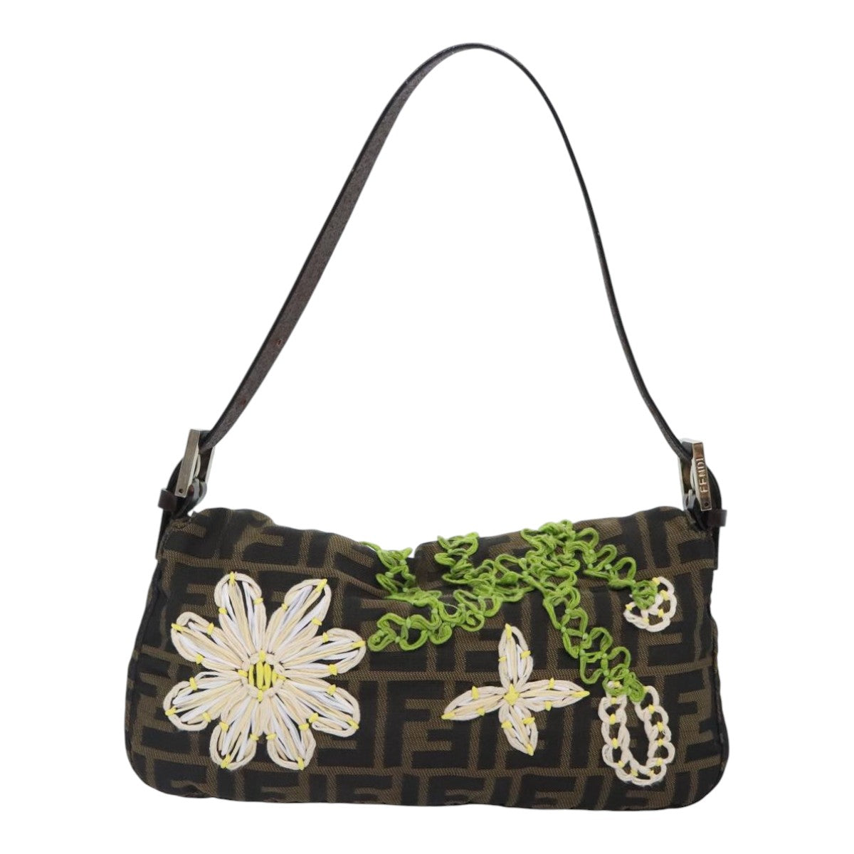 Luxury Fendi Zucca Canvas Flower Embroidery Mamma Baguette Bag Black Brownki4974