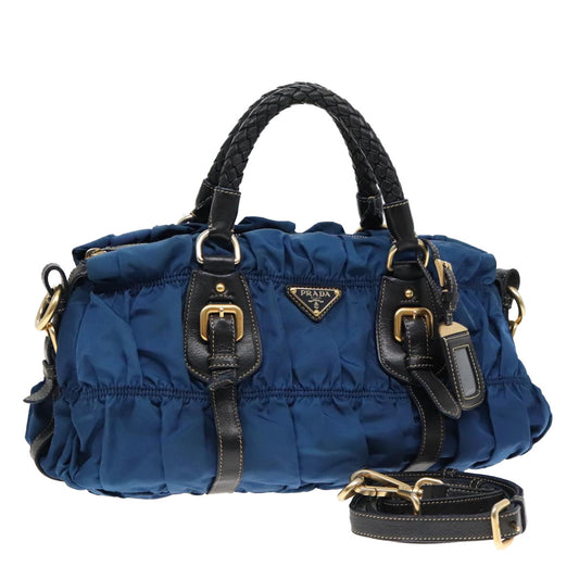 Luxury Prada Gathered Hand Bag Nylon Leather 2way Blue Gold  ki5003