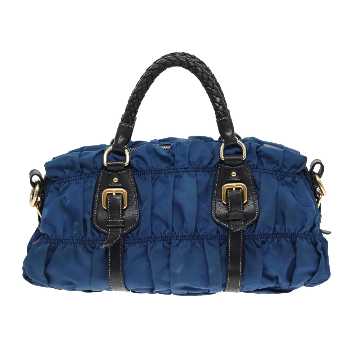Luxury Prada Gathered Hand Bag Nylon Leather 2way Blue Gold  ki5003