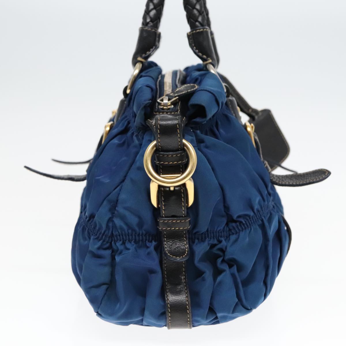 Luxury Prada Gathered Hand Bag Nylon Leather 2way Blue Gold  ki5003