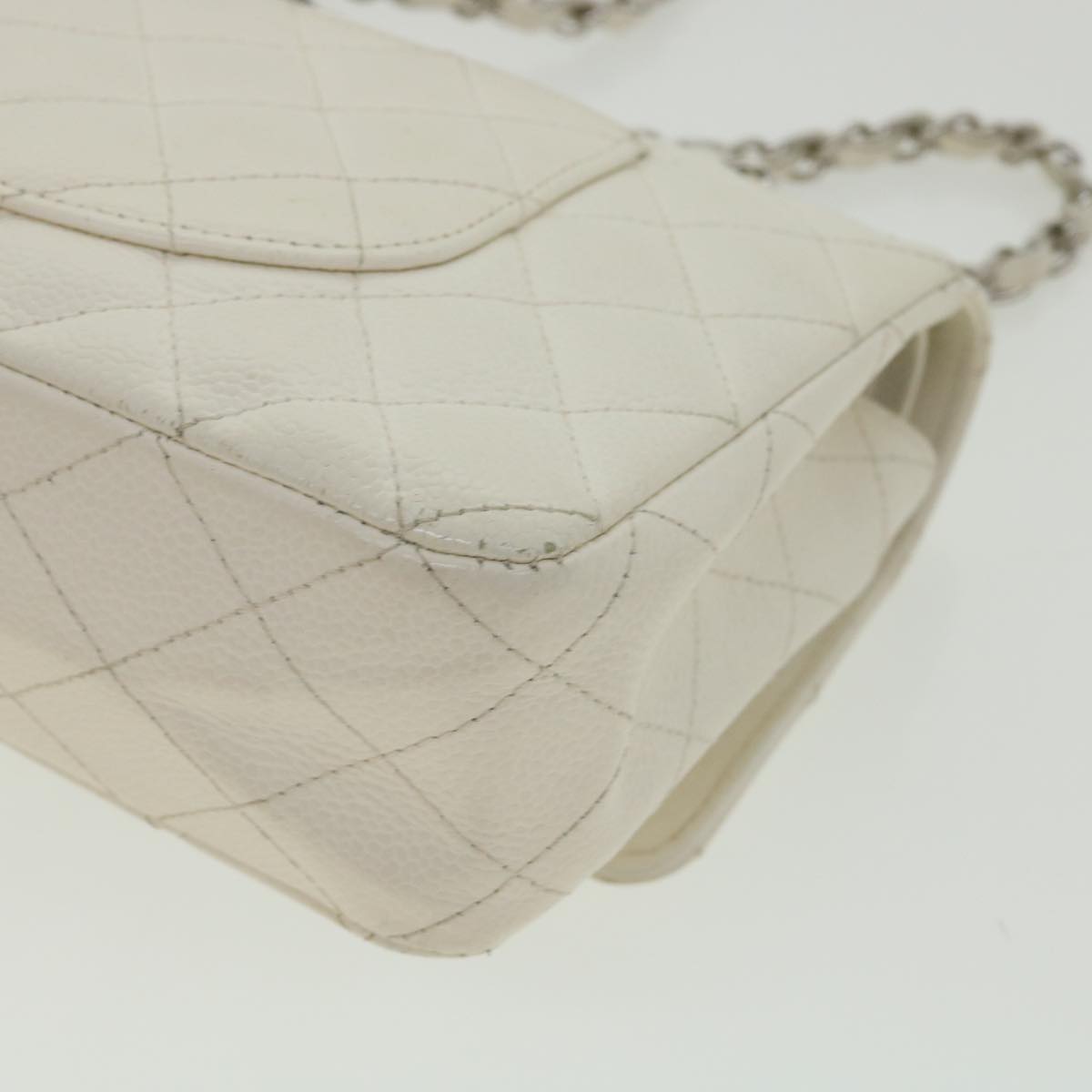 CHANEL Matelasse Double Flap Chain Shoulder Bag Caviar Skin White CC  knn085