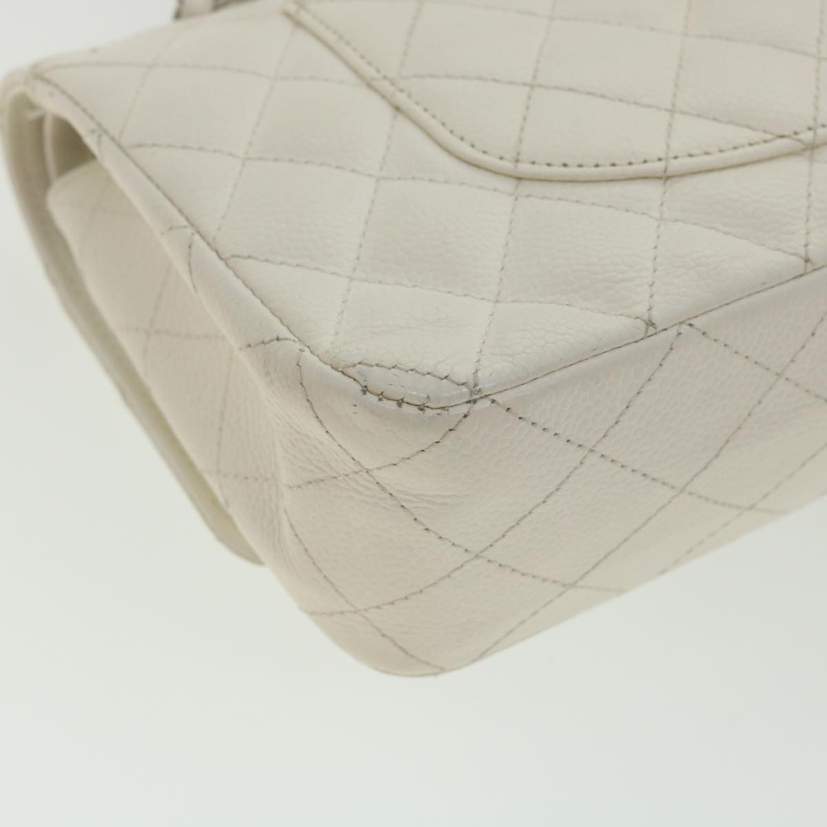 CHANEL Matelasse Double Flap Chain Shoulder Bag Caviar Skin White CC  knn085